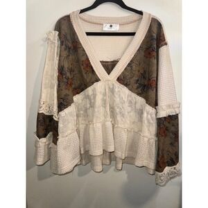 Everyday Chic Boho Patchwork Floral Waffle Knit Lace Ruffle Top Cream Olive